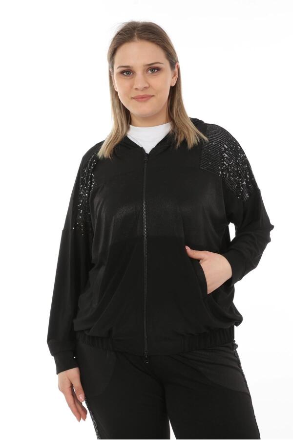 Sequin Detailed Plus Size Tracksuit Black - 2