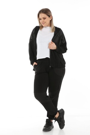 Sequin Detailed Plus Size Tracksuit Black - 3