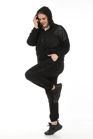 Sequin Detailed Plus Size Tracksuit Black - 4