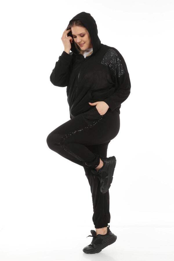 Sequin Detailed Plus Size Tracksuit Black - 4