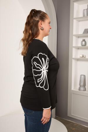 Şerit Çiçek Desenli Büyük Beden Bluz Siyah - 3