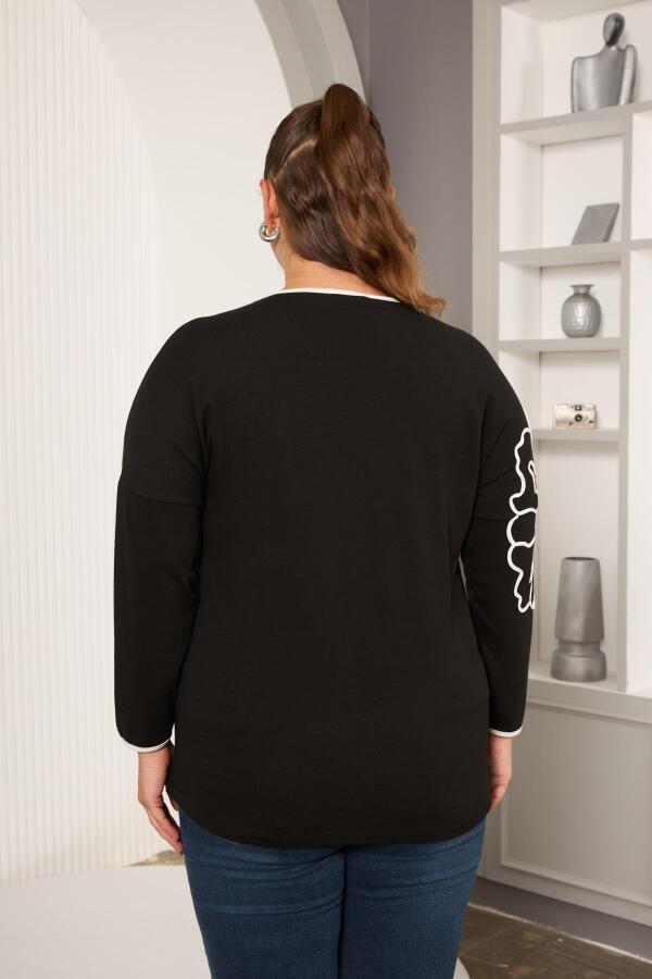 Şerit Çiçek Desenli Büyük Beden Bluz Siyah - 5