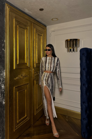 ŞERİT PAYET CROP BLUZ - YIRTMAÇLI ETEK TAKIM - Siyah - 3