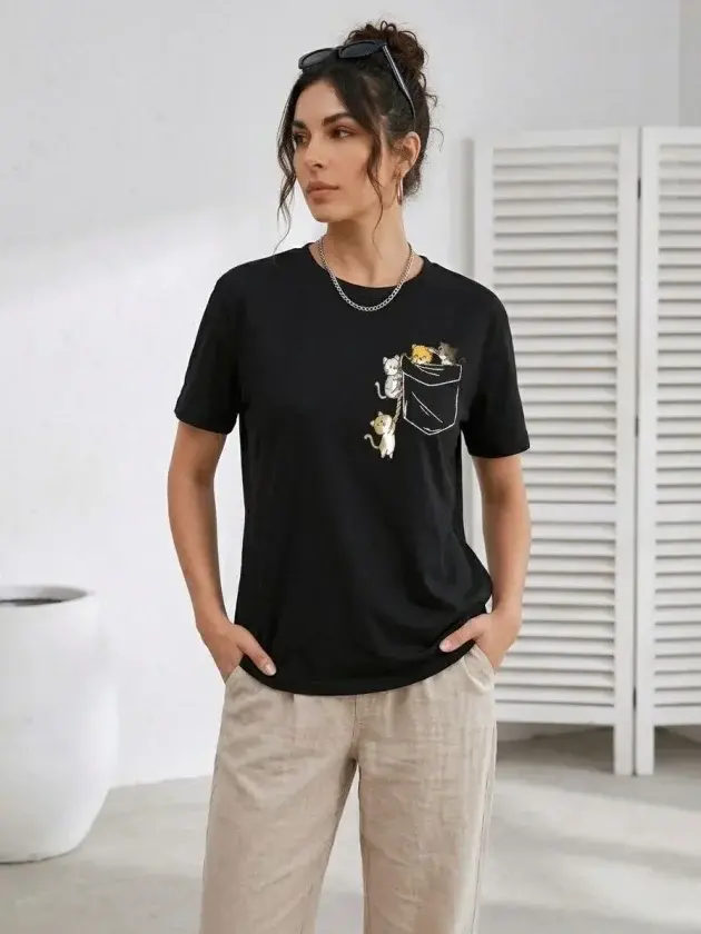 Sevimli Kedi Cep Baskılı Tişört Kısa Kol Yazlık T-Shirt - Siyah - 1