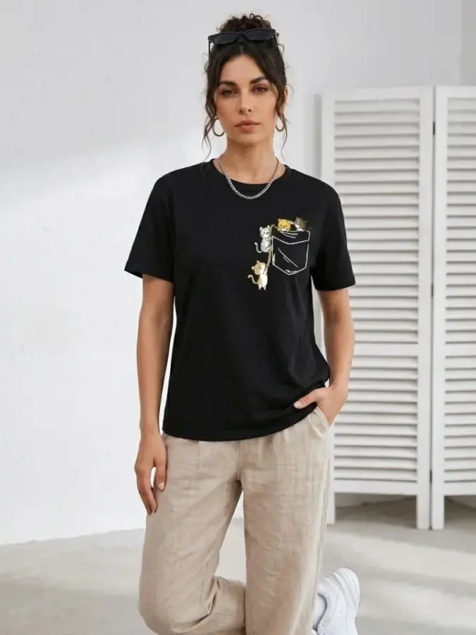 Sevimli Kedi Cep Baskılı Tişört Kısa Kol Yazlık T-Shirt - Siyah - 2
