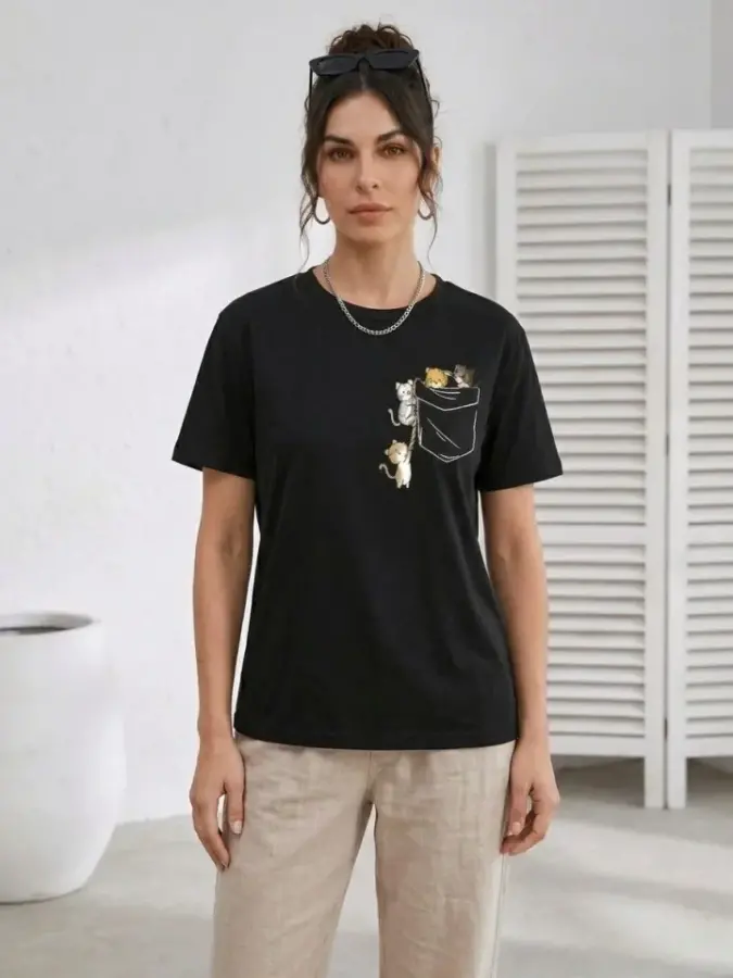 Sevimli Kedi Cep Baskılı Tişört Kısa Kol Yazlık T-Shirt - Siyah - 3