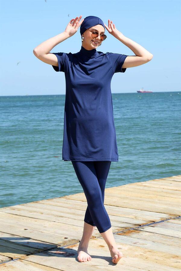 Short Sleeve Navy Blue Half Hijab Swimsuit 33015 - 1