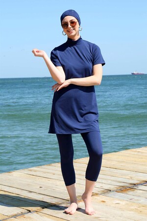 Short Sleeve Navy Blue Half Hijab Swimsuit 33015 - 2