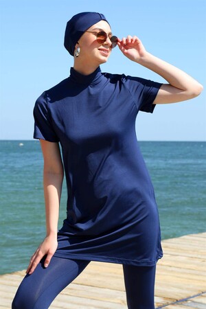 Short Sleeve Navy Blue Half Hijab Swimsuit 33015 - 3