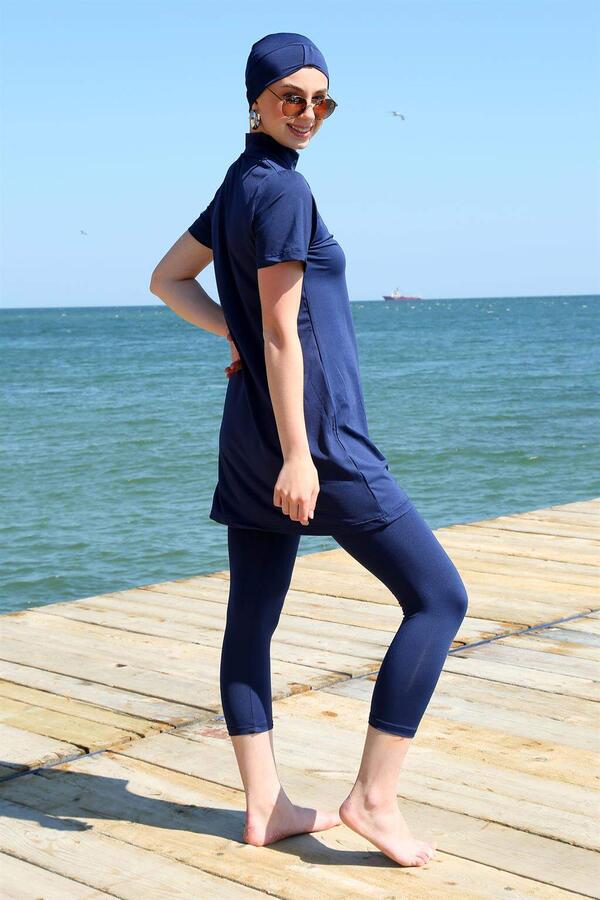 Short Sleeve Navy Blue Half Hijab Swimsuit 33015 - 5
