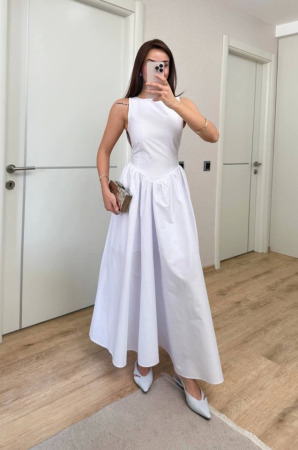 Sifir Kol Beli Oturtmalı Kolsuz Uzun Elbise - Beyaz - ANGELINO BuyukBedeniz (1)