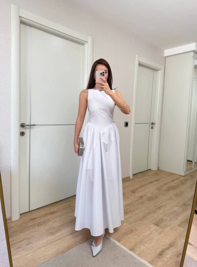 Sifir Kol Beli Oturtmalı Kolsuz Uzun Elbise - Beyaz - 4