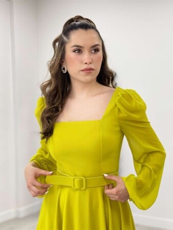 Şifon Krep Kumaş Kare Yaka Midi Elbise - SARI - 3