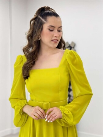 Şifon Krep Kumaş Kare Yaka Midi Elbise - SARI - 4