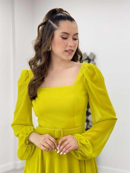 Şifon Krep Kumaş Kare Yaka Midi Elbise - SARI - 4