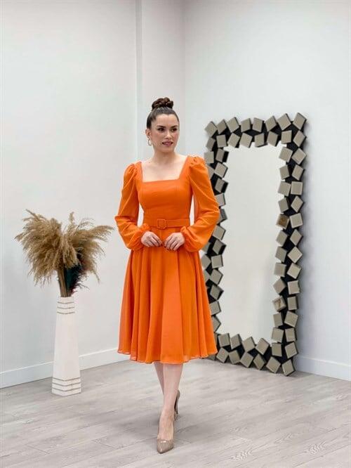 Chiffon Crepe Fabric Square Collar Midi Dress - ORANGE - 2
