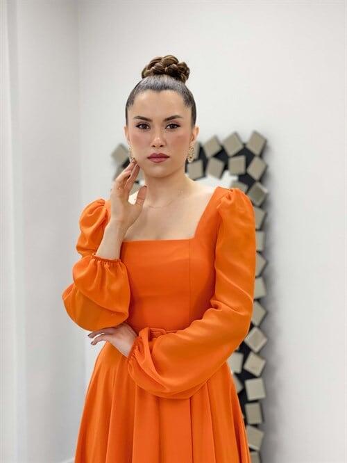 Chiffon Crepe Fabric Square Collar Midi Dress - ORANGE - 3