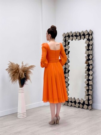 Chiffon Crepe Fabric Square Collar Midi Dress - ORANGE - 5