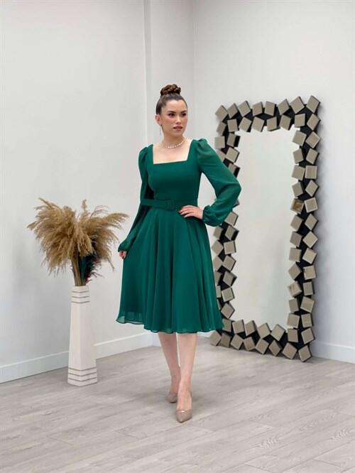 Chiffon Crepe Fabric Square Collar Midi Dress - EMERALD GREEN - 2