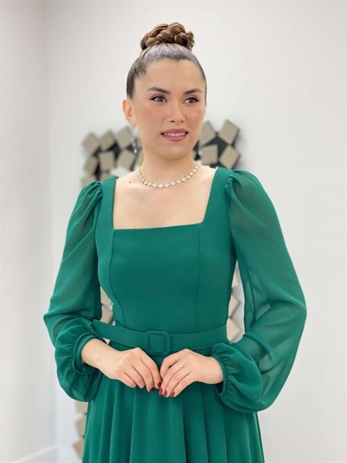 Chiffon Crepe Fabric Square Collar Midi Dress - EMERALD GREEN - 3