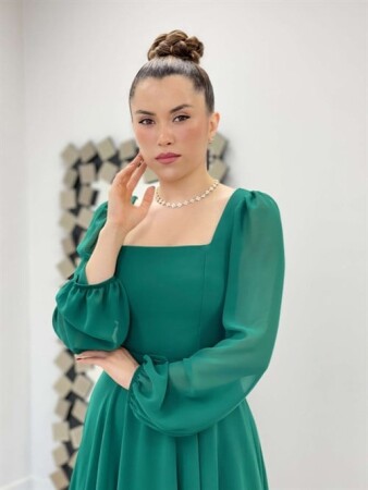 Chiffon Crepe Fabric Square Collar Midi Dress - EMERALD GREEN - 4