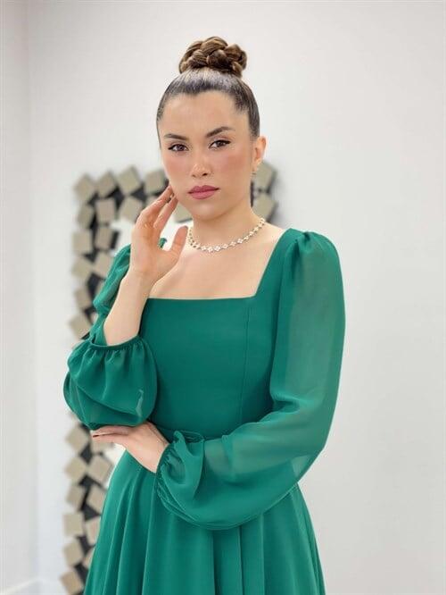 Chiffon Crepe Fabric Square Collar Midi Dress - EMERALD GREEN - 4