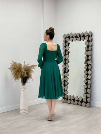 Chiffon Crepe Fabric Square Collar Midi Dress - EMERALD GREEN - 5
