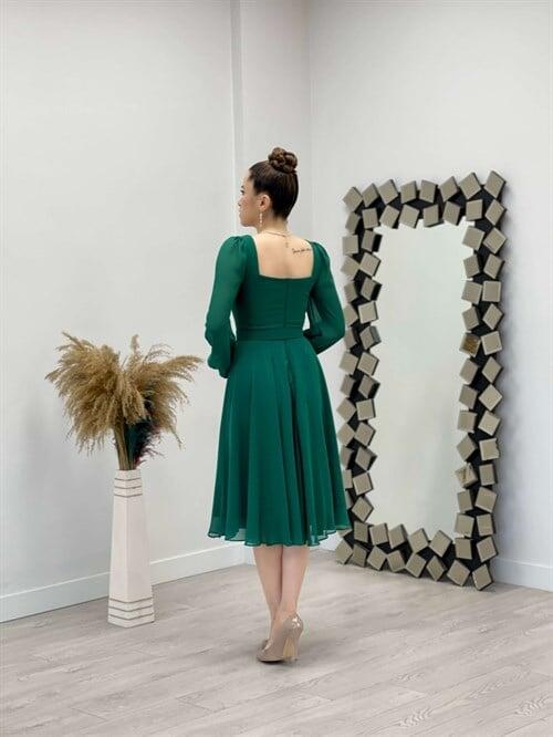 Chiffon Crepe Fabric Square Collar Midi Dress - EMERALD GREEN - 5