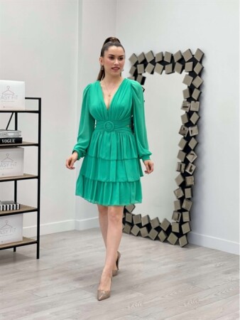 Şifon Krep Kumaş Sırt Detaylı Elbise - MİNT YEŞİL - Angelino Moda