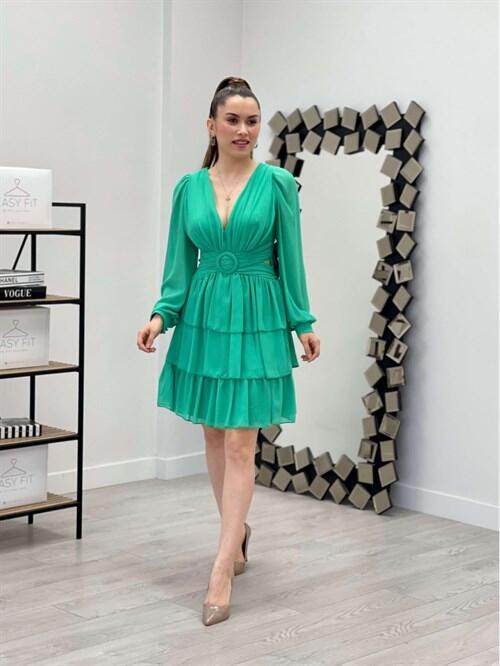 Şifon Krep Kumaş Sırt Detaylı Elbise - MİNT YEŞİL - 1