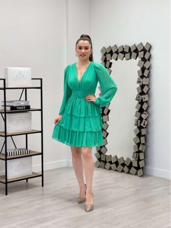 Şifon Krep Kumaş Sırt Detaylı Elbise - MİNT YEŞİL - Angelino Moda (1)