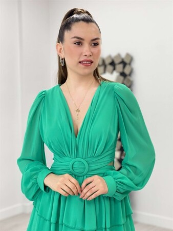 Şifon Krep Kumaş Sırt Detaylı Elbise - MİNT YEŞİL - 3