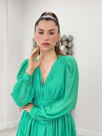 Şifon Krep Kumaş Sırt Detaylı Elbise - MİNT YEŞİL - 4
