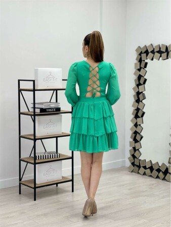 Şifon Krep Kumaş Sırt Detaylı Elbise - MİNT YEŞİL - 6