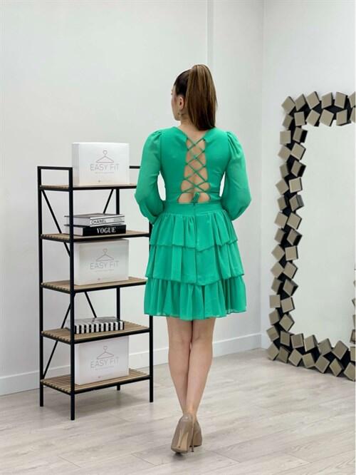 Şifon Krep Kumaş Sırt Detaylı Elbise - MİNT YEŞİL - 6