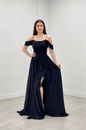 Şifon Kumaş Askılı Volan Detaylı Abiye Elbise - SİYAH - Angelino Moda