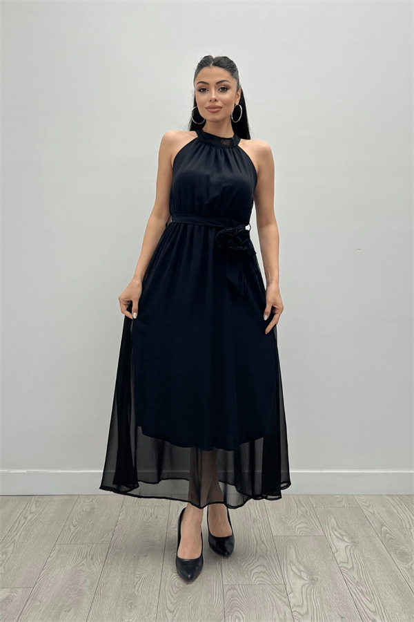 Şifon Kumaş Beli Lastikli Midi Elbise - SİYAH - 1