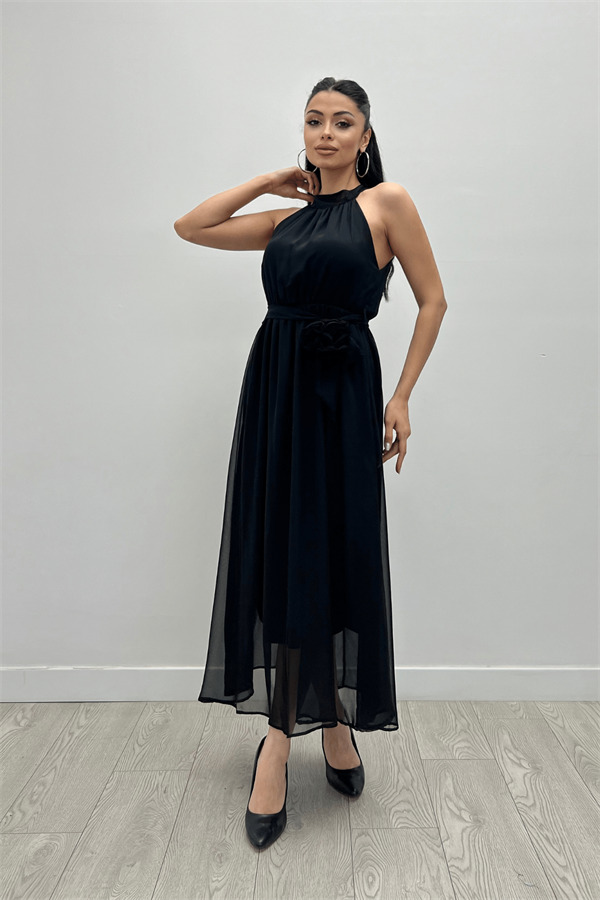 Şifon Kumaş Beli Lastikli Midi Elbise - SİYAH - 2