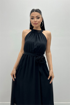 Şifon Kumaş Beli Lastikli Midi Elbise - SİYAH - 3