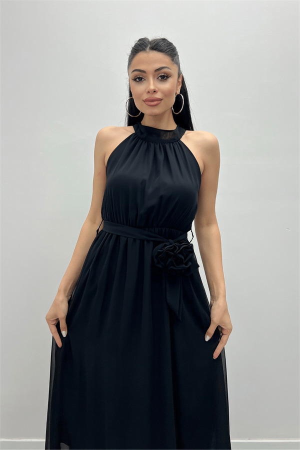 Şifon Kumaş Beli Lastikli Midi Elbise - SİYAH - 3