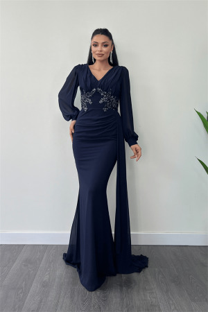 Şifon Kumaş Boncuk İşlemeli Şal Detaylı Abiye Elbise - LACİVERT - Angelino Moda