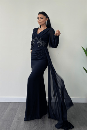 Şifon Kumaş Boncuk İşlemeli Şal Detaylı Abiye Elbise - LACİVERT - Angelino Moda (1)