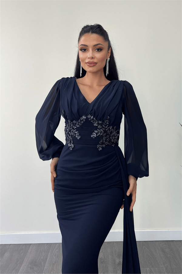 Şifon Kumaş Boncuk İşlemeli Şal Detaylı Abiye Elbise - LACİVERT - 4