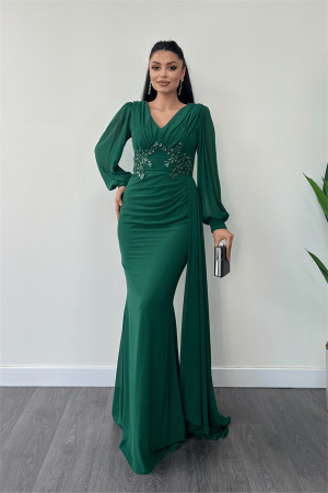 Şifon Kumaş Boncuk İşlemeli Şal Detaylı Abiye Elbise - ZÜMRÜT YEŞİL - Angelino Moda