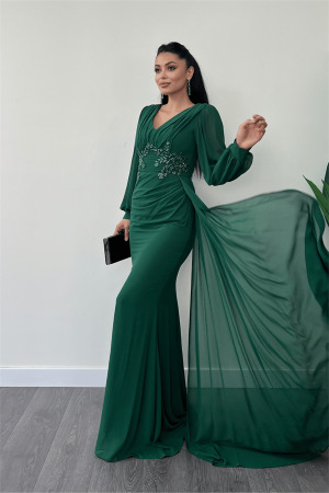 Şifon Kumaş Boncuk İşlemeli Şal Detaylı Abiye Elbise - ZÜMRÜT YEŞİL - Angelino Moda (1)