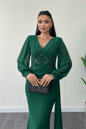 Şifon Kumaş Boncuk İşlemeli Şal Detaylı Abiye Elbise - ZÜMRÜT YEŞİL - 3