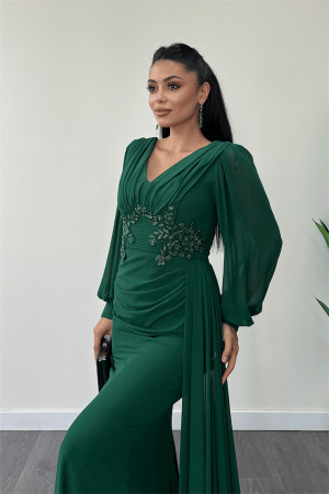 Şifon Kumaş Boncuk İşlemeli Şal Detaylı Abiye Elbise - ZÜMRÜT YEŞİL - 4