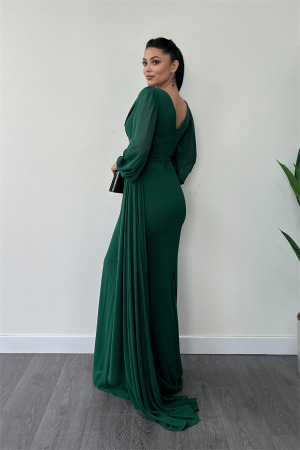 Şifon Kumaş Boncuk İşlemeli Şal Detaylı Abiye Elbise - ZÜMRÜT YEŞİL - 5