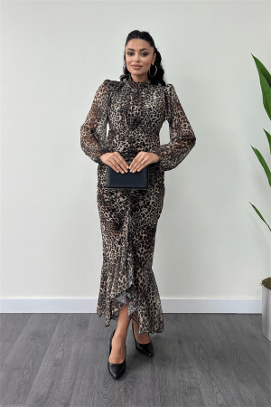 Şifon Kumaş Büzgü Detaylı Kalem Elbise - LEOPAR - Angelino Moda