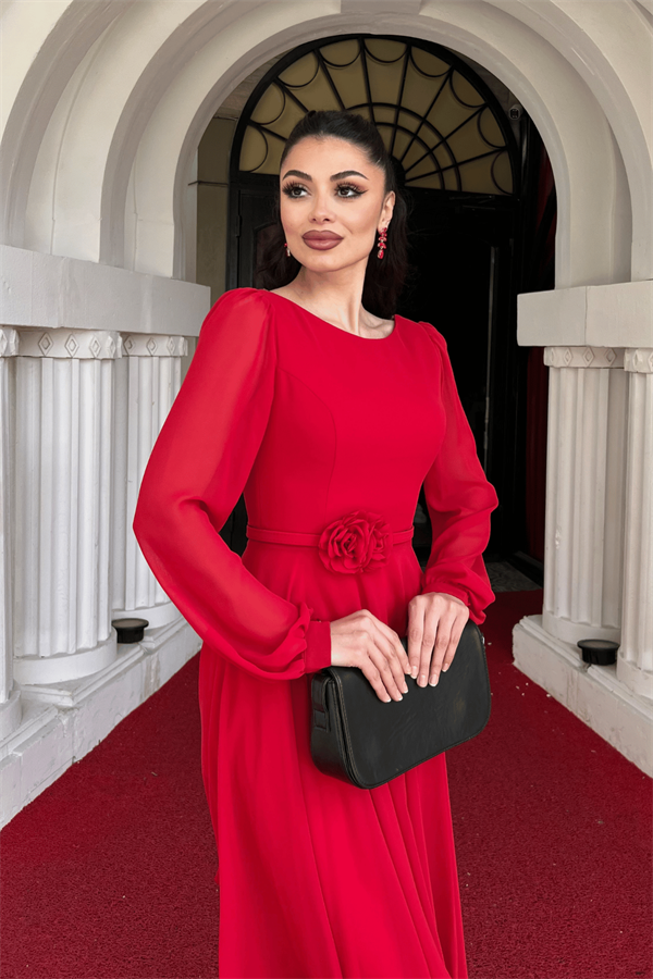 Sifon Kumaş Çiçek Detaylı Midi Elbise - KIRMIZI - 3